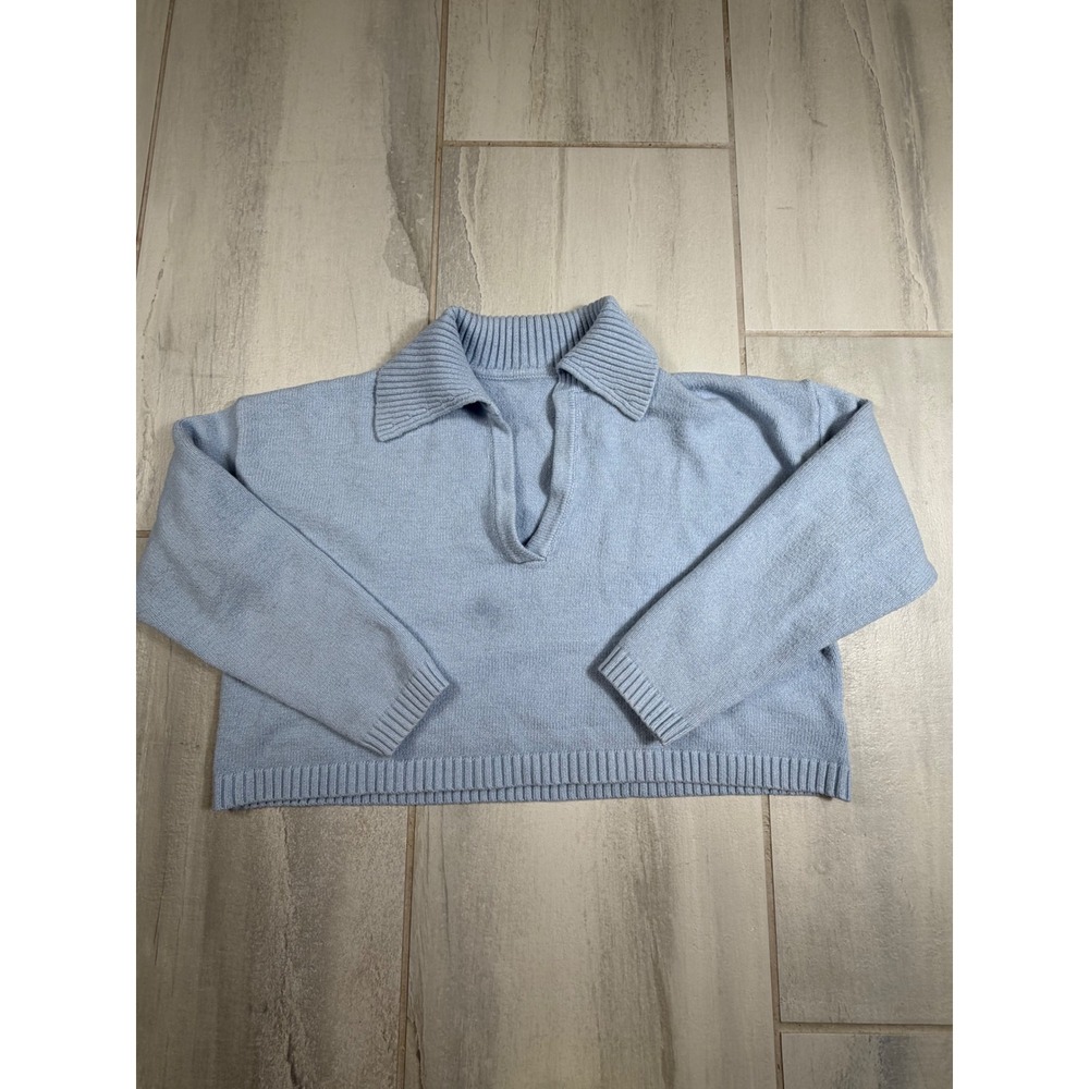 Edikted Light Blue Long Sleeve V-Neck Knit Sweater Cropped Size S/M